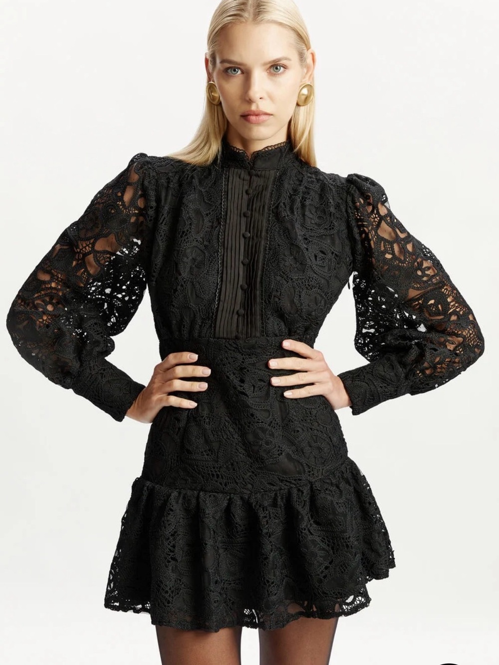 Bardot Black Lace Puff-Sleeve Mini Dress
